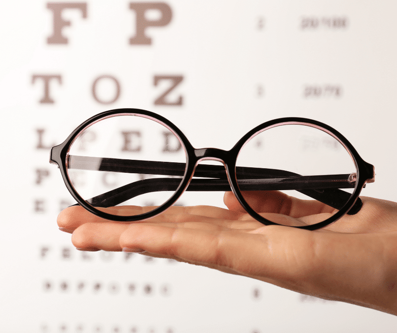 Hand holding a pair of glasses with eye chart in background.