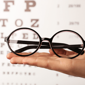 Hand holding a pair of glasses with eye chart in background.